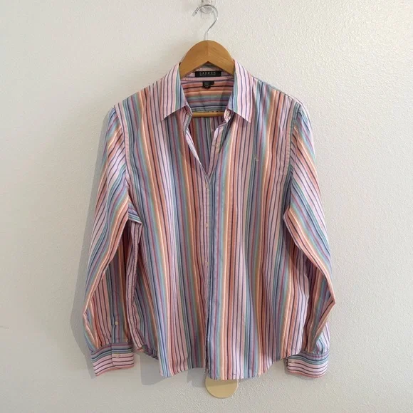 Lauren Ralph Lauren Multicolor Striped Button Front Shirt Size L 100% Cotton - Picture 2 of 10